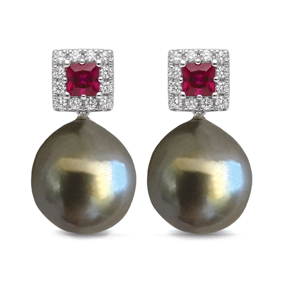 Grey Tahitian Pearl Optional Drop Ruby & Natural Diamond Earrings