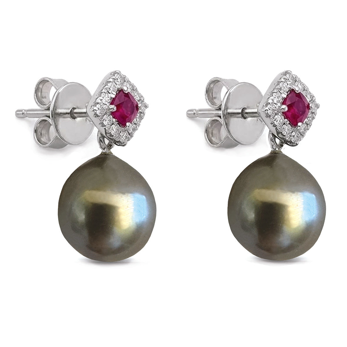 Grey Tahitian Pearl Optional Drop Ruby & Natural Diamond Earrings