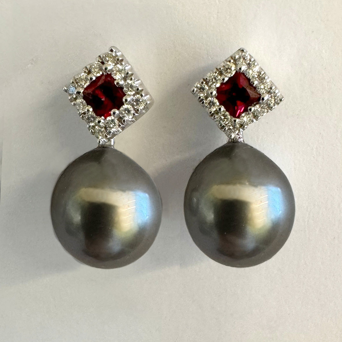 Grey Tahitian Pearl Optional Drop Ruby & Natural Diamond Earrings