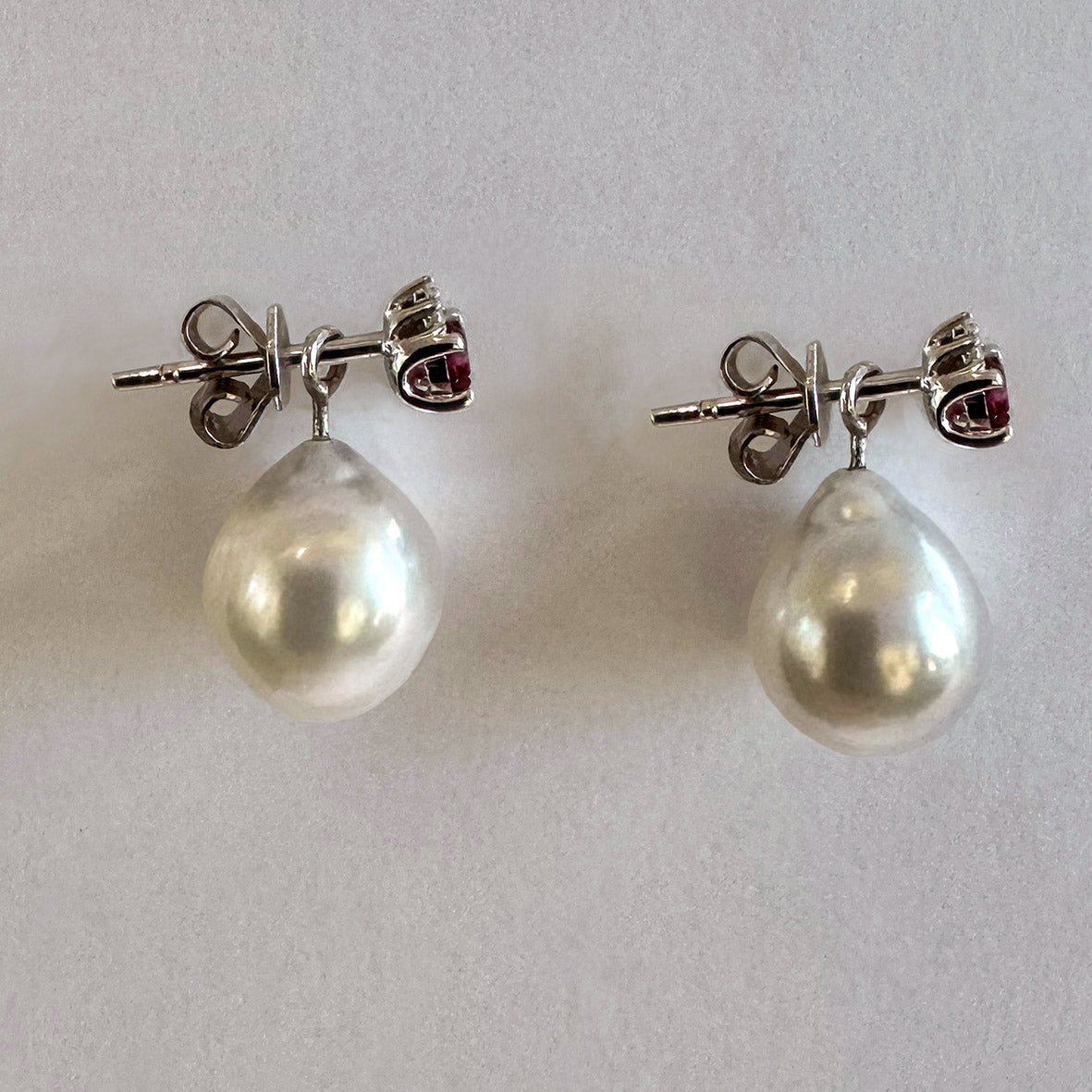 White South Sea Pearl Optional Drops on Ruby Diamond & 18ct White Gold Earrings