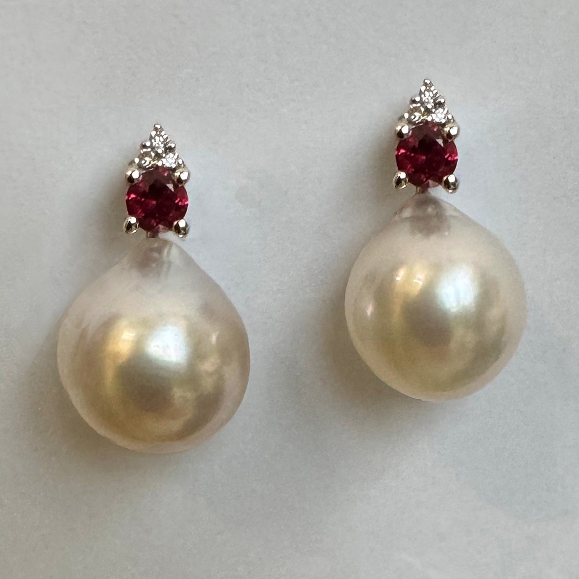 White South Sea Pearl Optional Drops on Ruby Diamond & 18ct White Gold Earrings