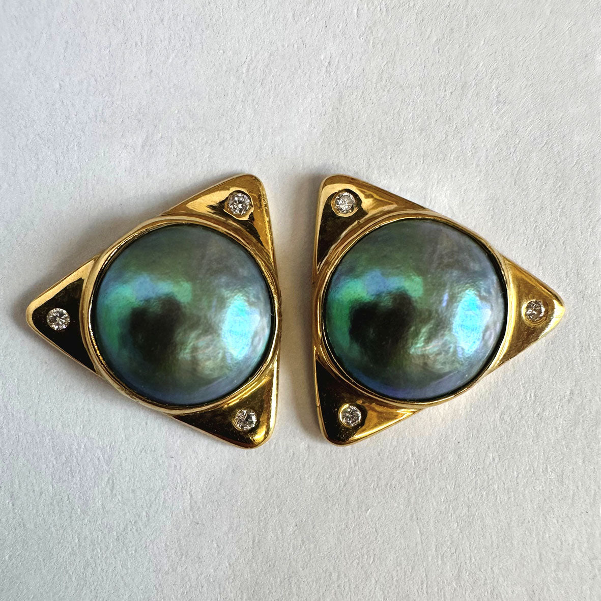 Blue-Green Abalone Mabe Pearl Diamonds & 18ct Yellow Gold Earrings