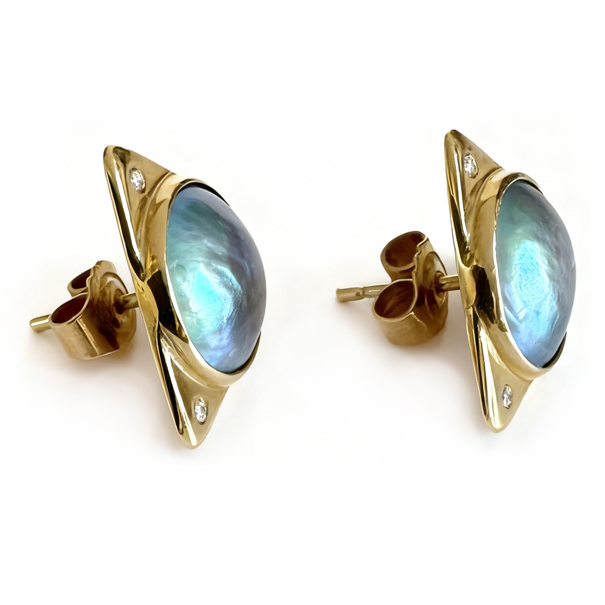 Blue-Green Abalone Mabe Pearl Diamonds & 18ct Yellow Gold Earrings