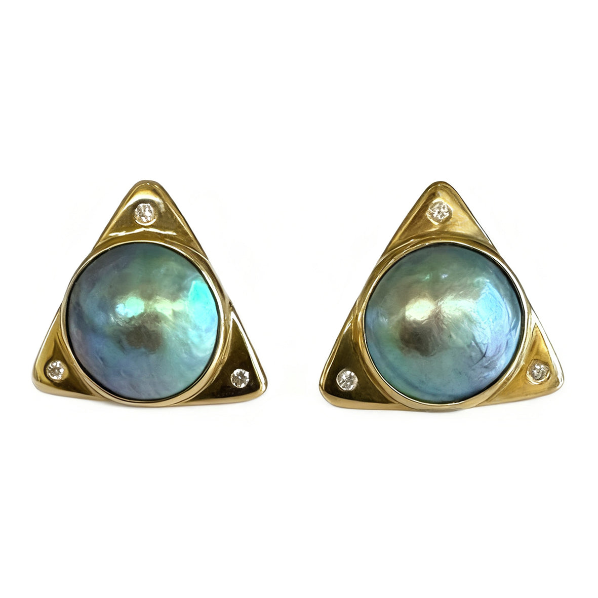 Blue-Green Abalone Mabe Pearl Diamonds & 18ct Yellow Gold Earrings
