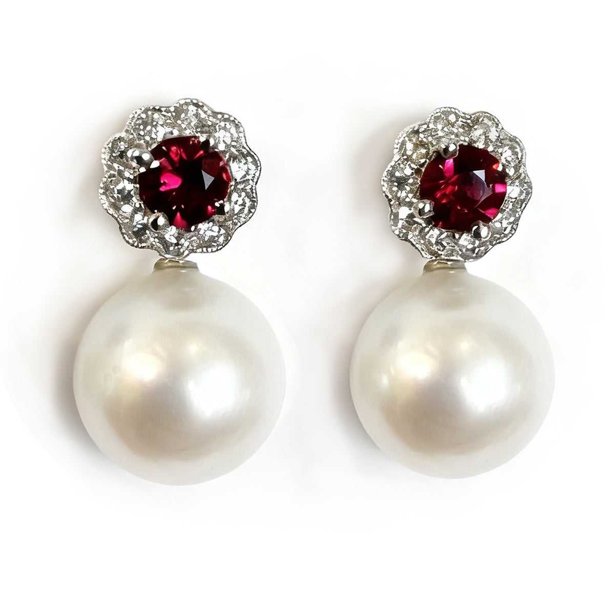 White Akoya Pearl Optional Drop Ruby & Diamond Cluster Earrings