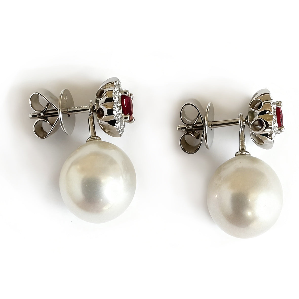 White Akoya Pearl Optional Drop Ruby & Diamond Cluster Earrings