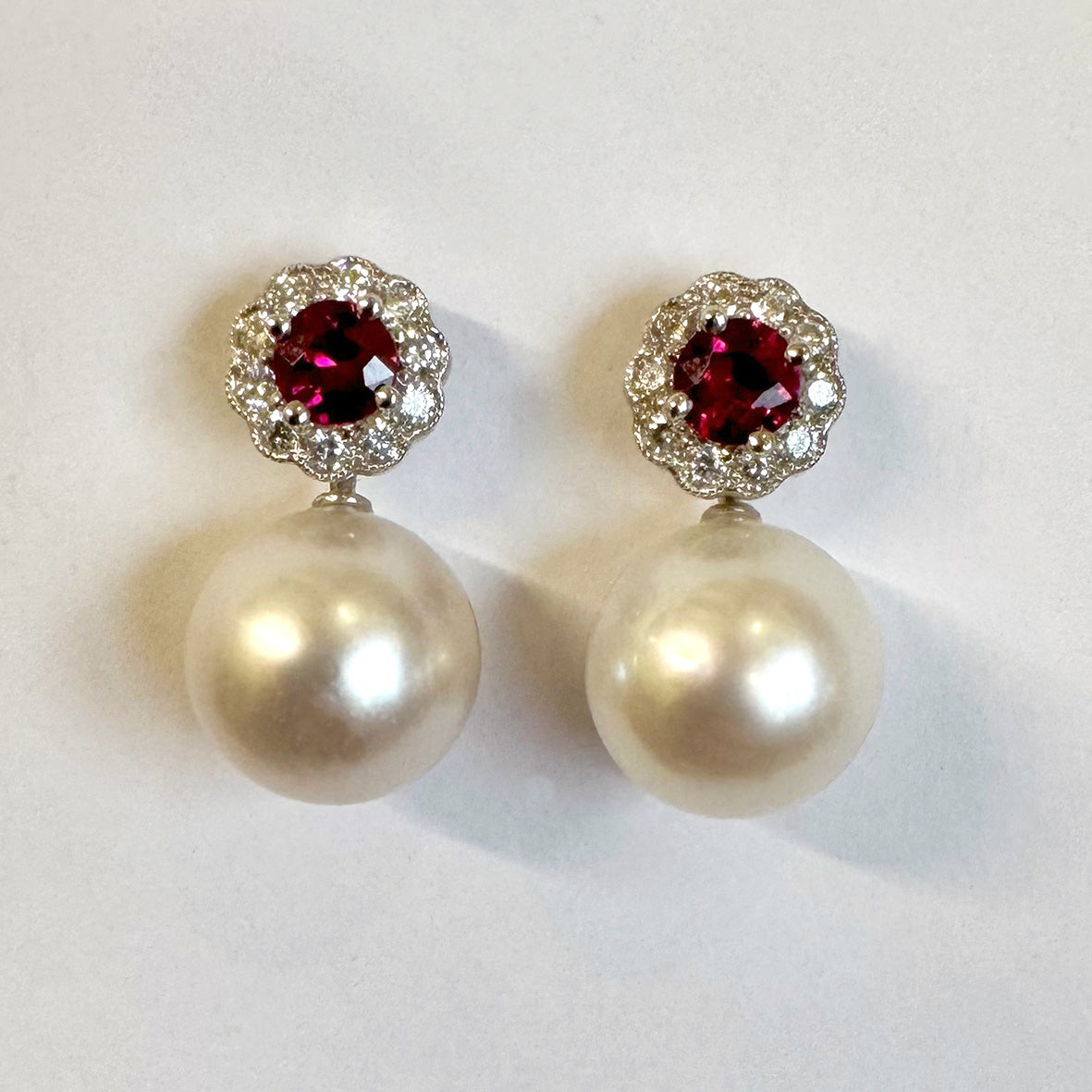 White Akoya Pearl Optional Drop Ruby & Diamond Cluster Earrings
