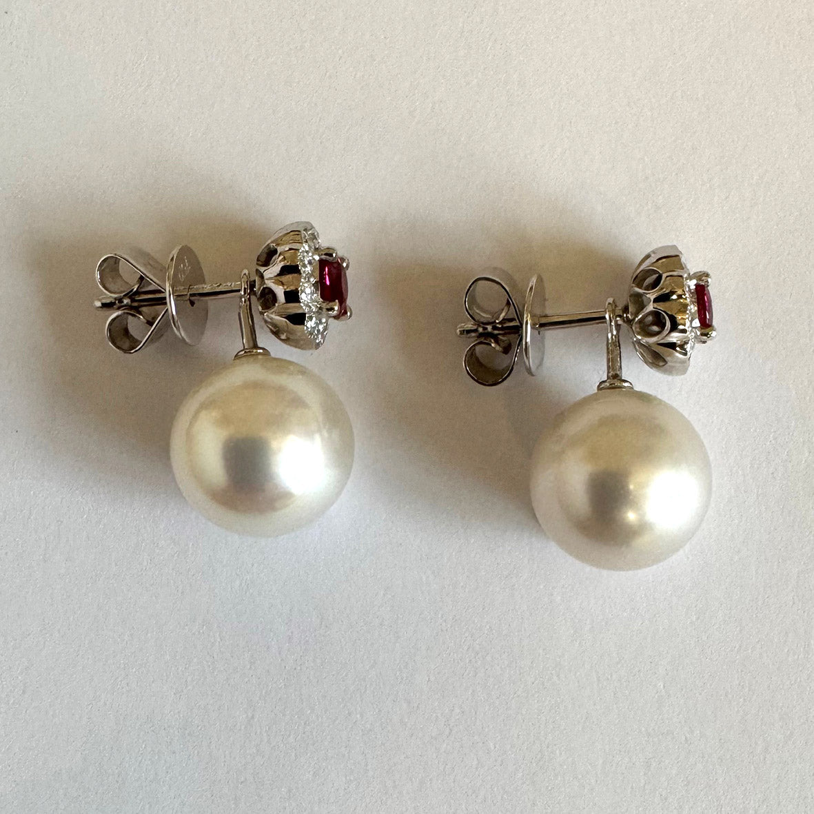 White Akoya Pearl Optional Drop Ruby & Diamond Cluster Earrings