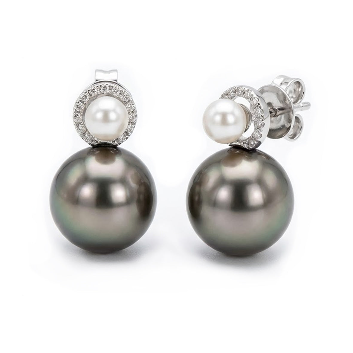 Black Tahitian Pearl Optional Drops Diamond & White Freshwater Pearl Earrings