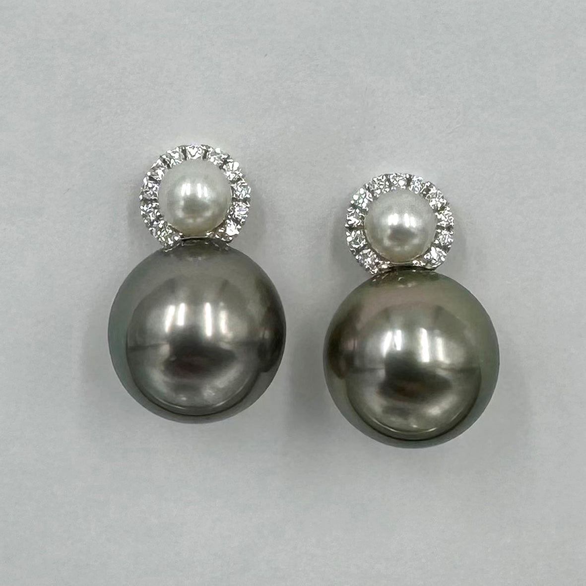 Black Tahitian Pearl Optional Drops Diamond & White Freshwater Pearl Earrings