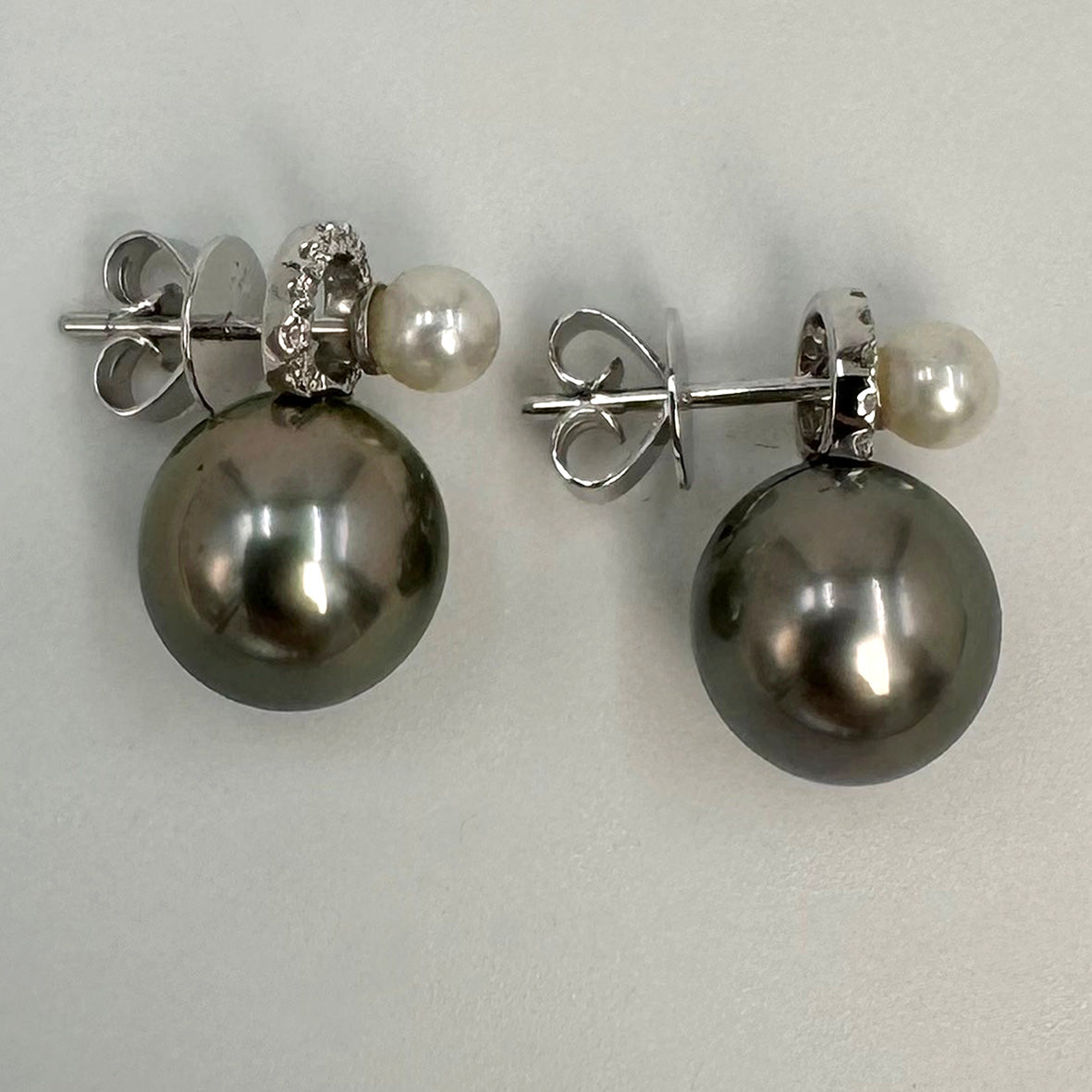 Black Tahitian Pearl Optional Drops Diamond & White Freshwater Pearl Earrings