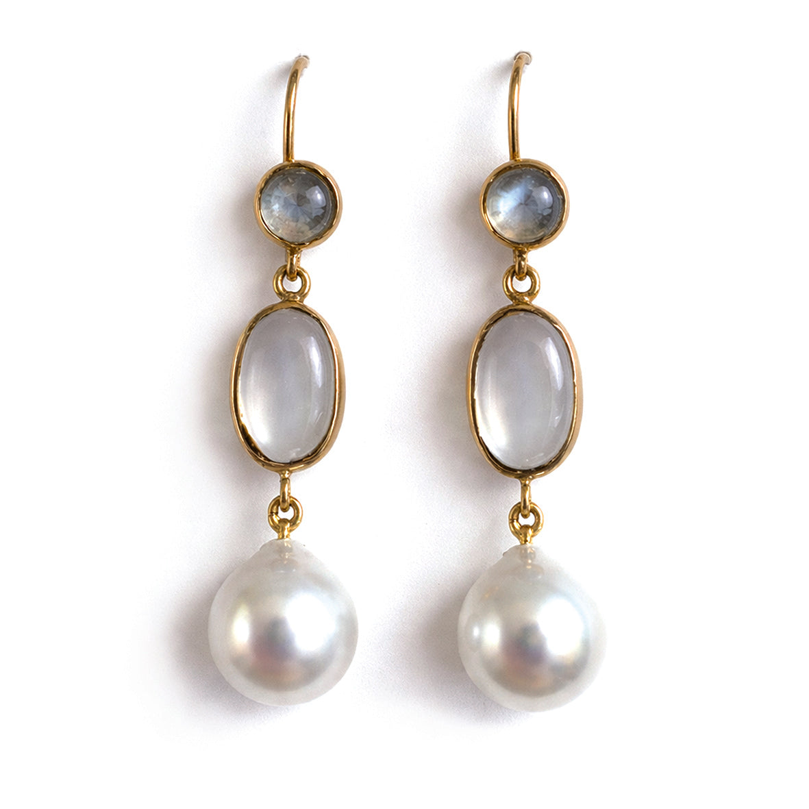 White South Sea Pearl & Rainbow Moonstone 15ct Gold Drop Earrings