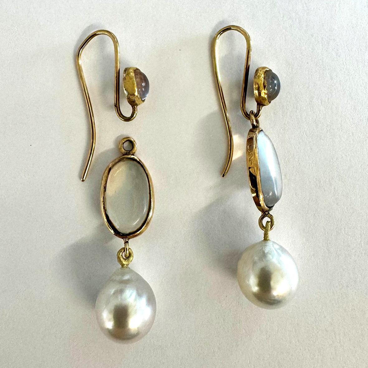 White South Sea Pearl & Rainbow Moonstone 15ct Gold Drop Earrings