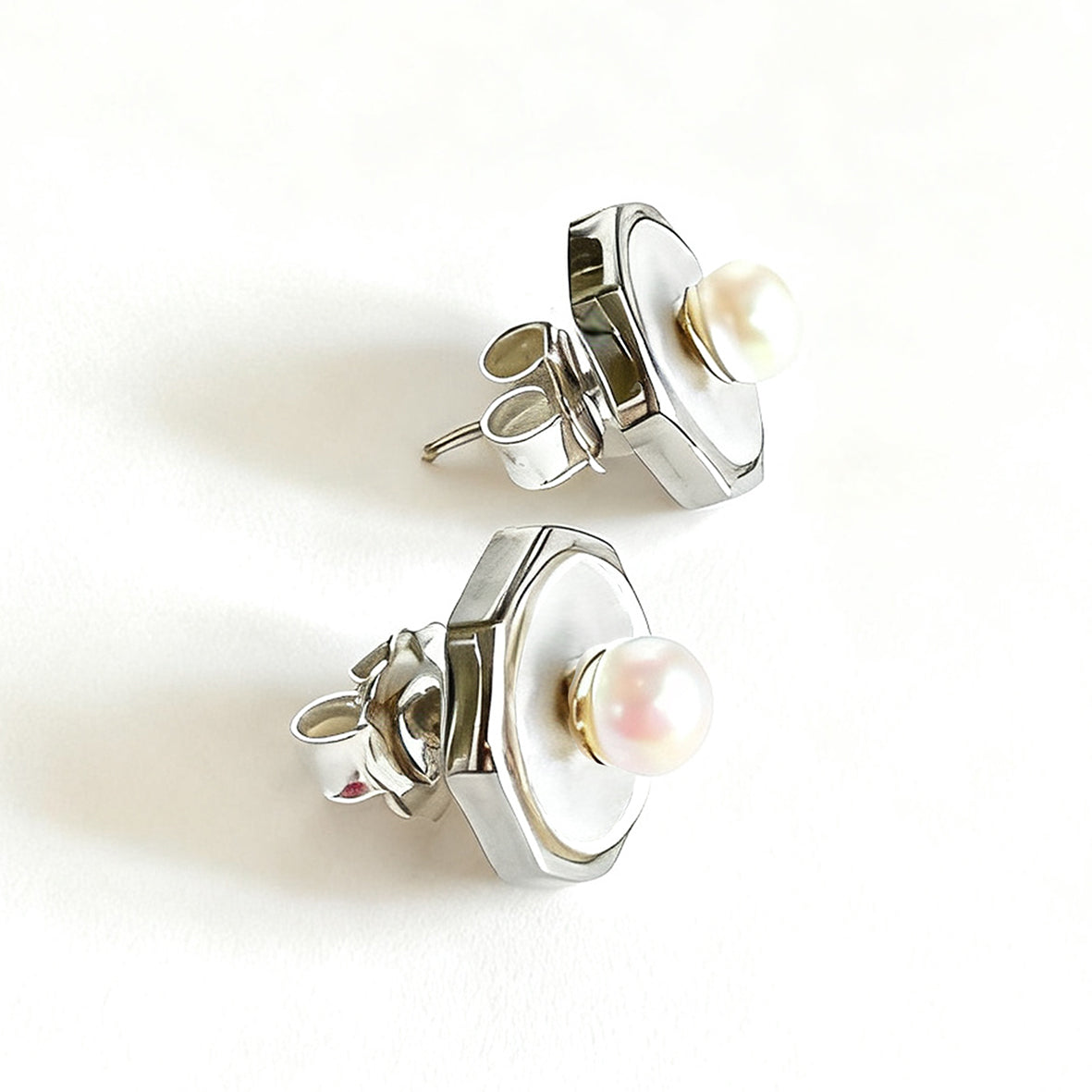 White Freshwater Pearl White Mother-of-Pearl & Silver Setting Stud Earrings
