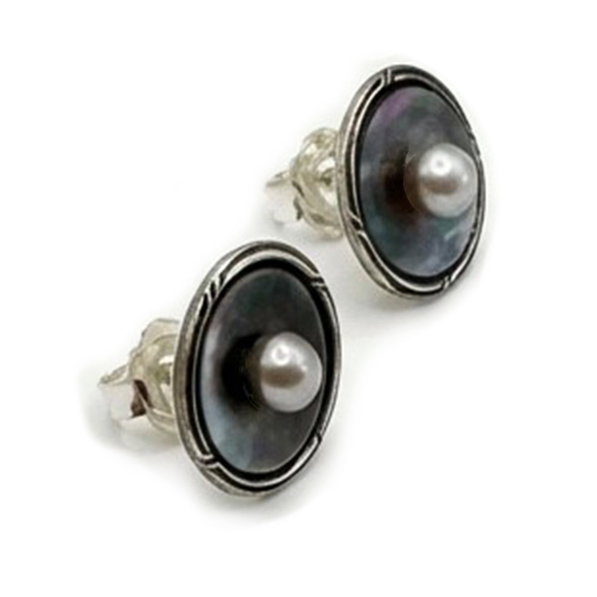 Grey Freshwater Pearl Tahitian Mother-of-Pearl & Silver Setting Stud Earrings