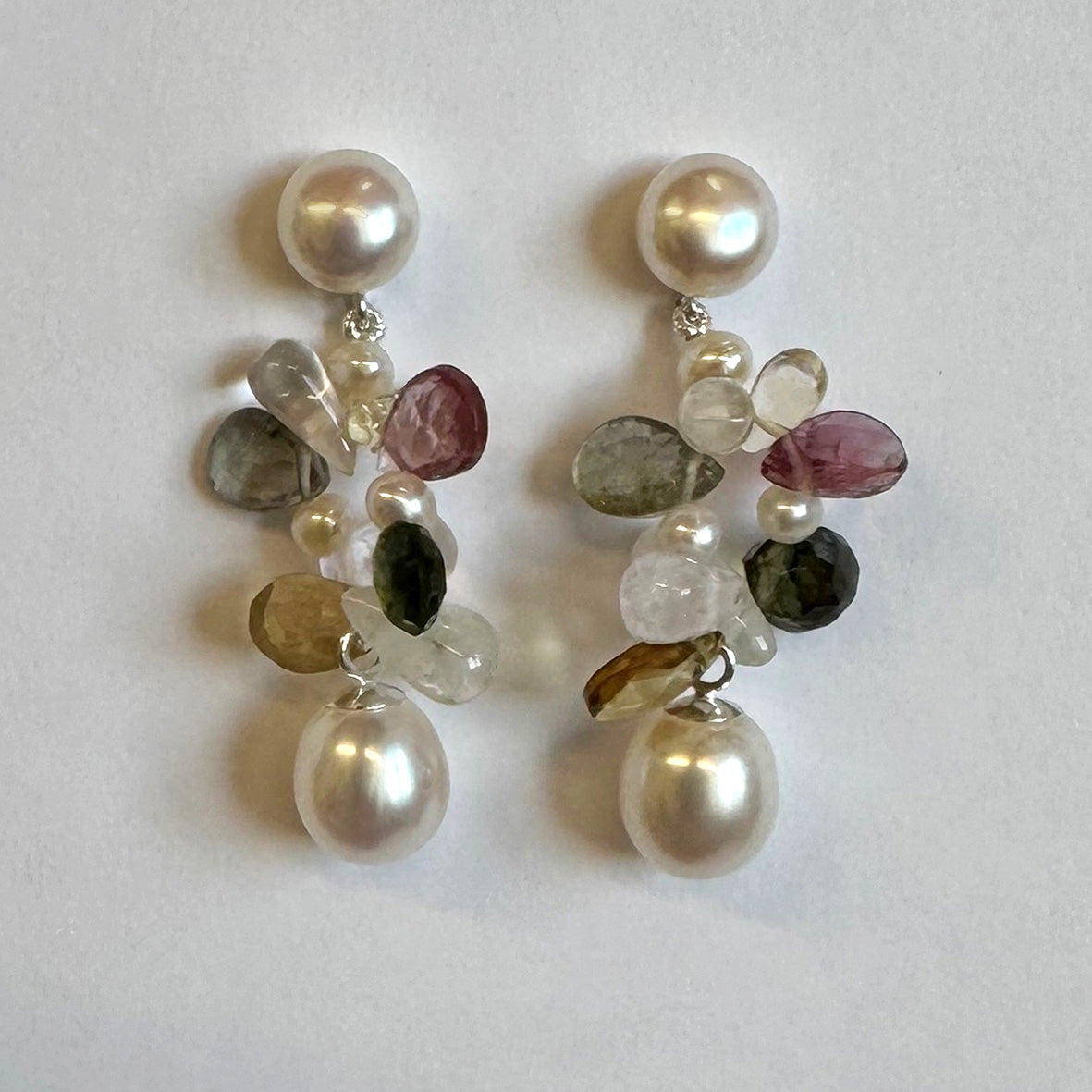 White Freshwater Pearl 'Tutti Frutti' Short Silver Earrings