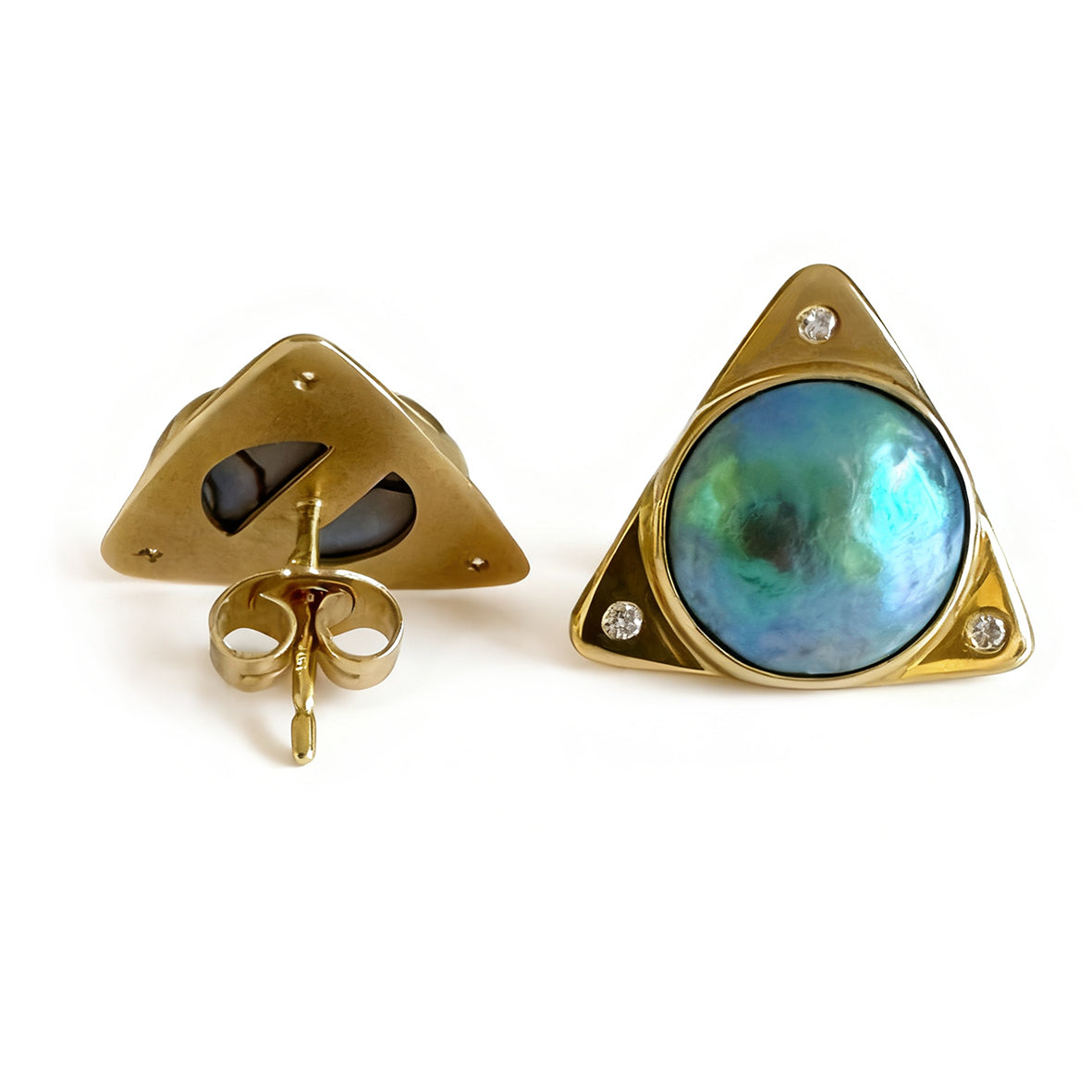 Blue-Green Abalone Mabe Pearl Diamonds & 18ct Yellow Gold Earrings