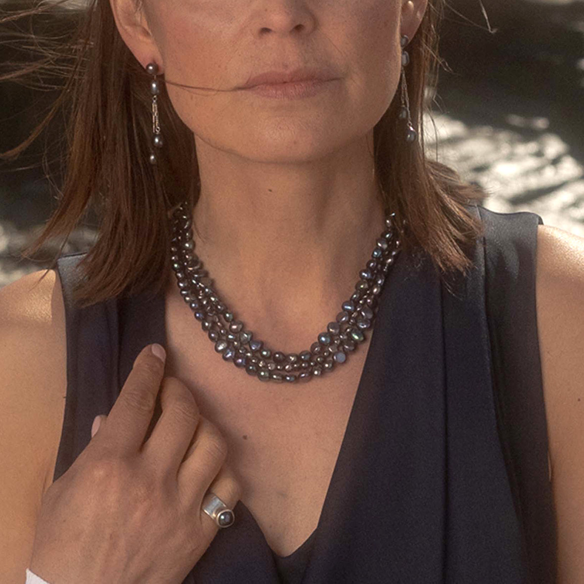 Black Biwa Pearl 3 Strand 'Classic' Necklace