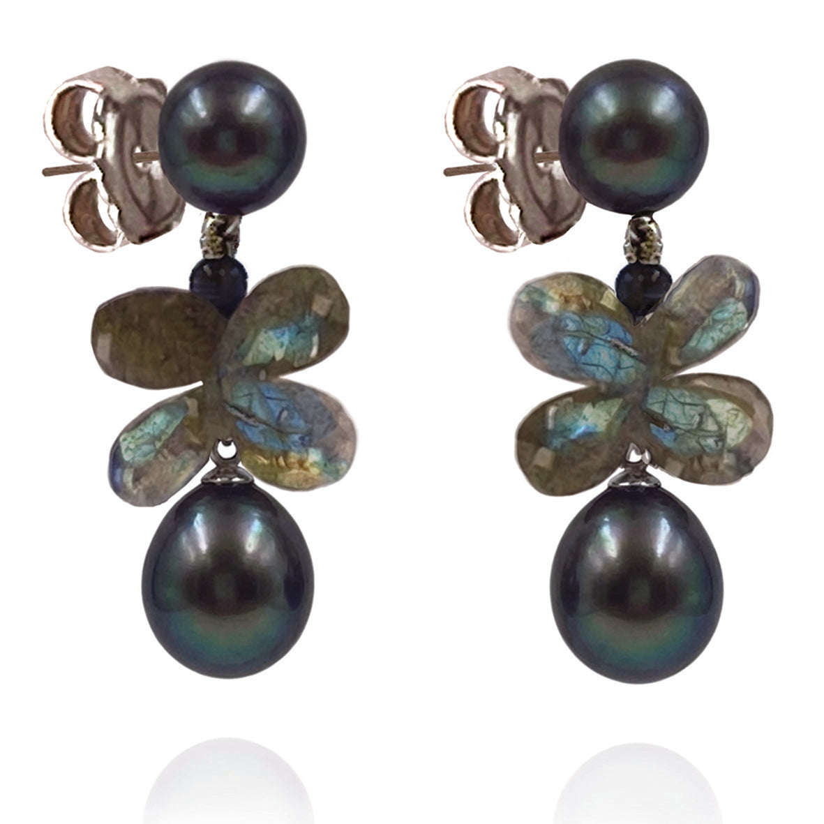 Black Freshwater Pearl & Labradorite 'Twinkling Light' Short Earrings