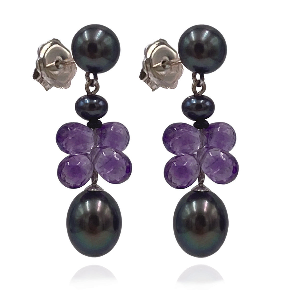Black Freshwater Pearl & Amethyst 'Twinkling Light' Short Earrings