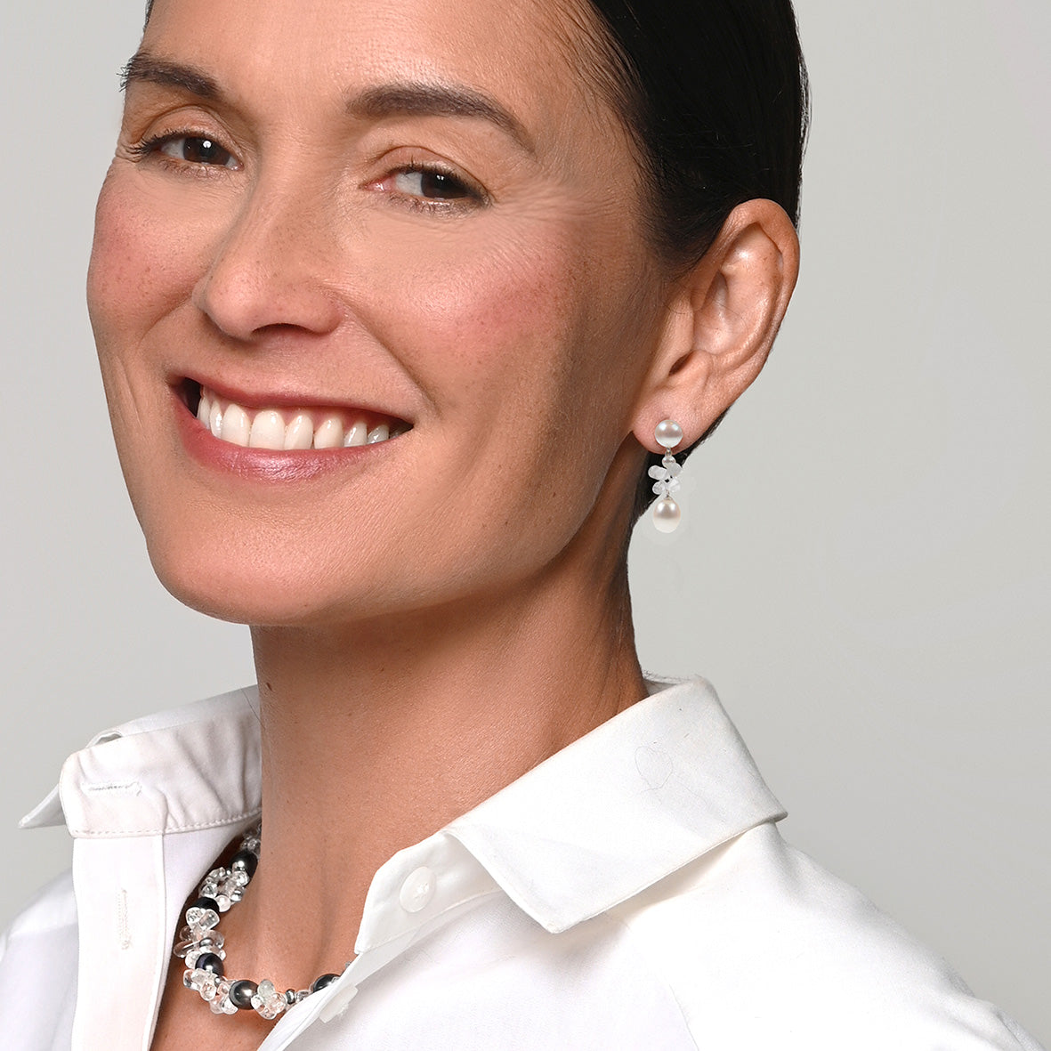 White Freshwater Pearl & Rock Crystal 'Twinkling Light' Short Earrings