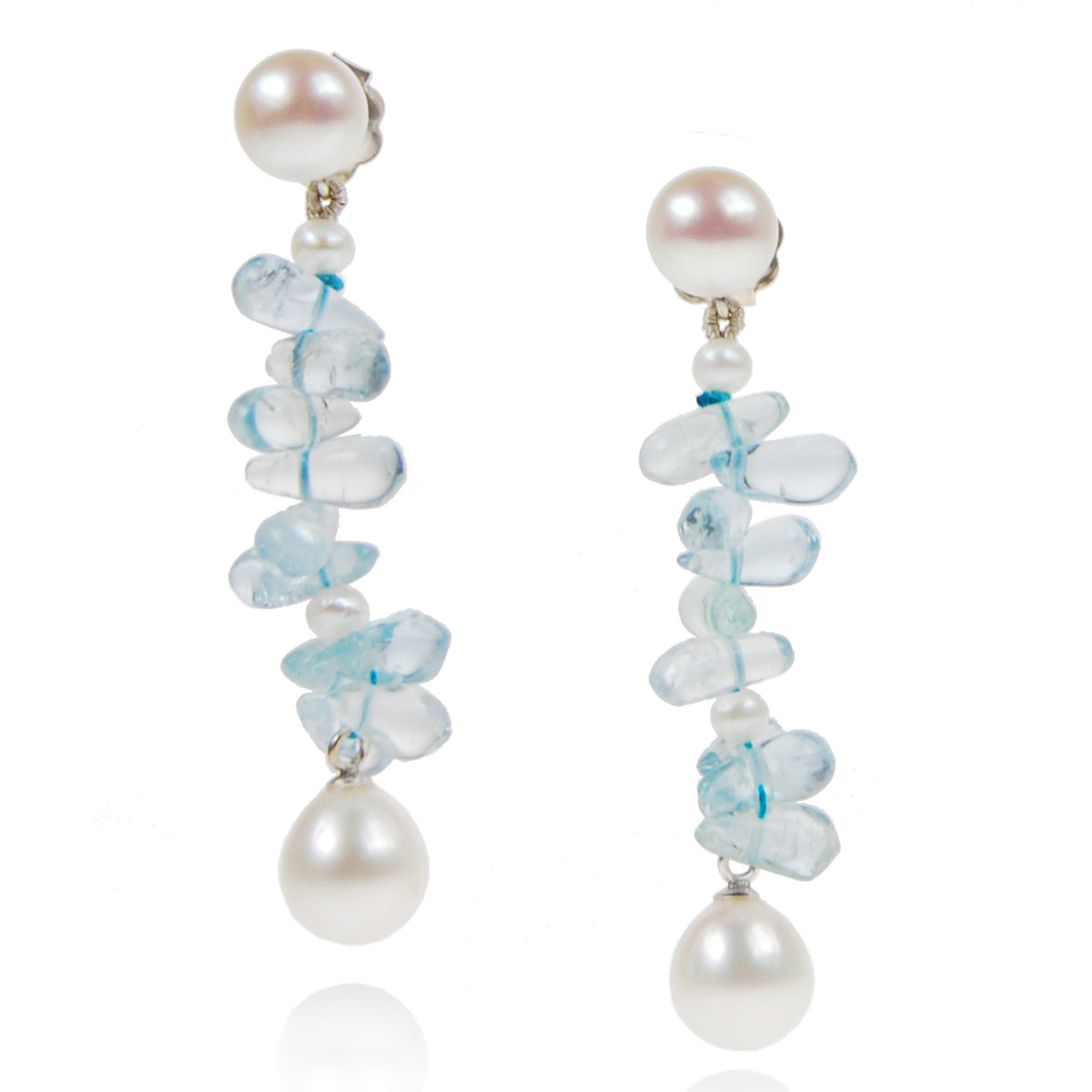 White Freshwater Pearl & Aquamarine 'Twinkling Light' Earrings
