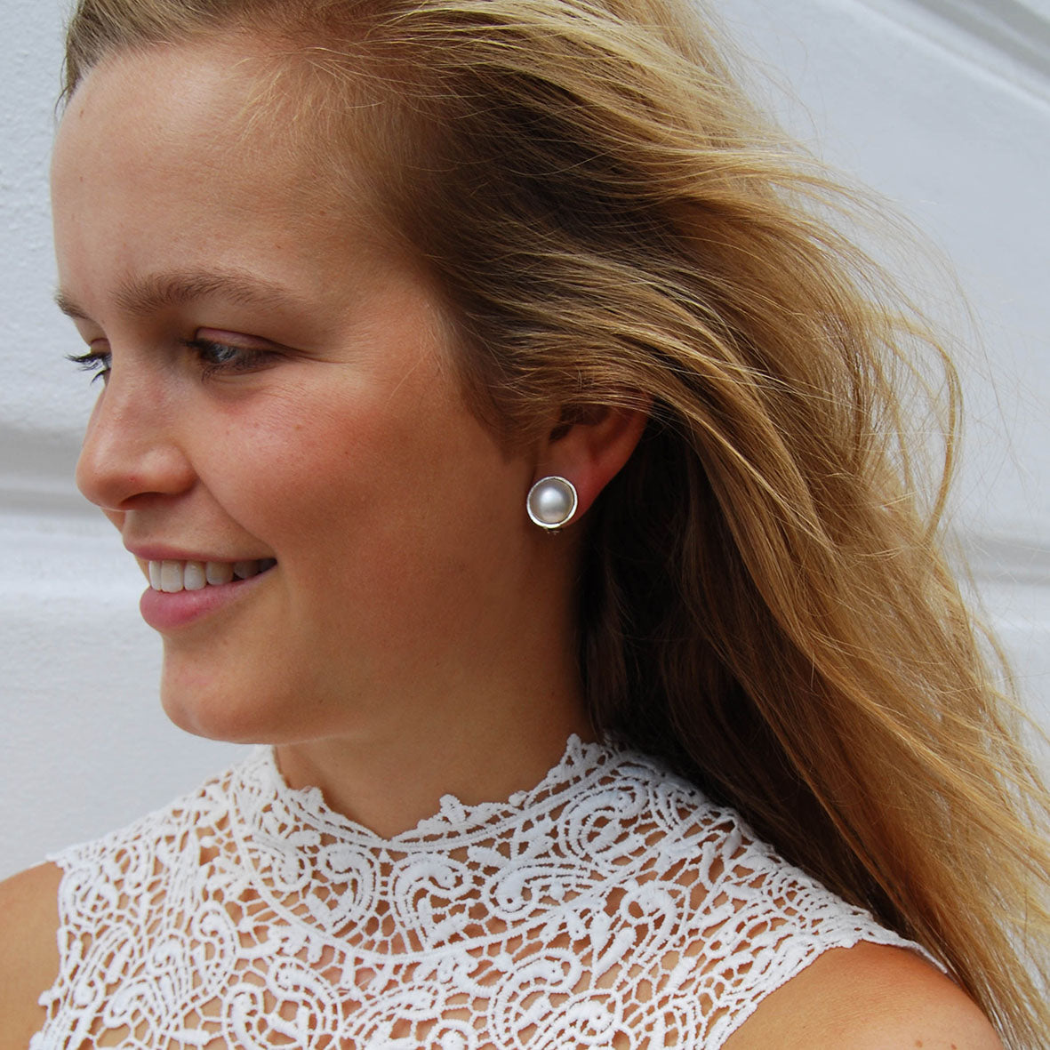 White Mabe Pearl & Silver Stud Earrings