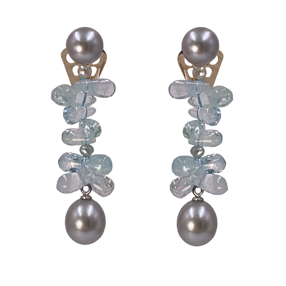 Grey Freshwater Pearl & Aqua Marine Clip On 'Twinkling Light' Earrings