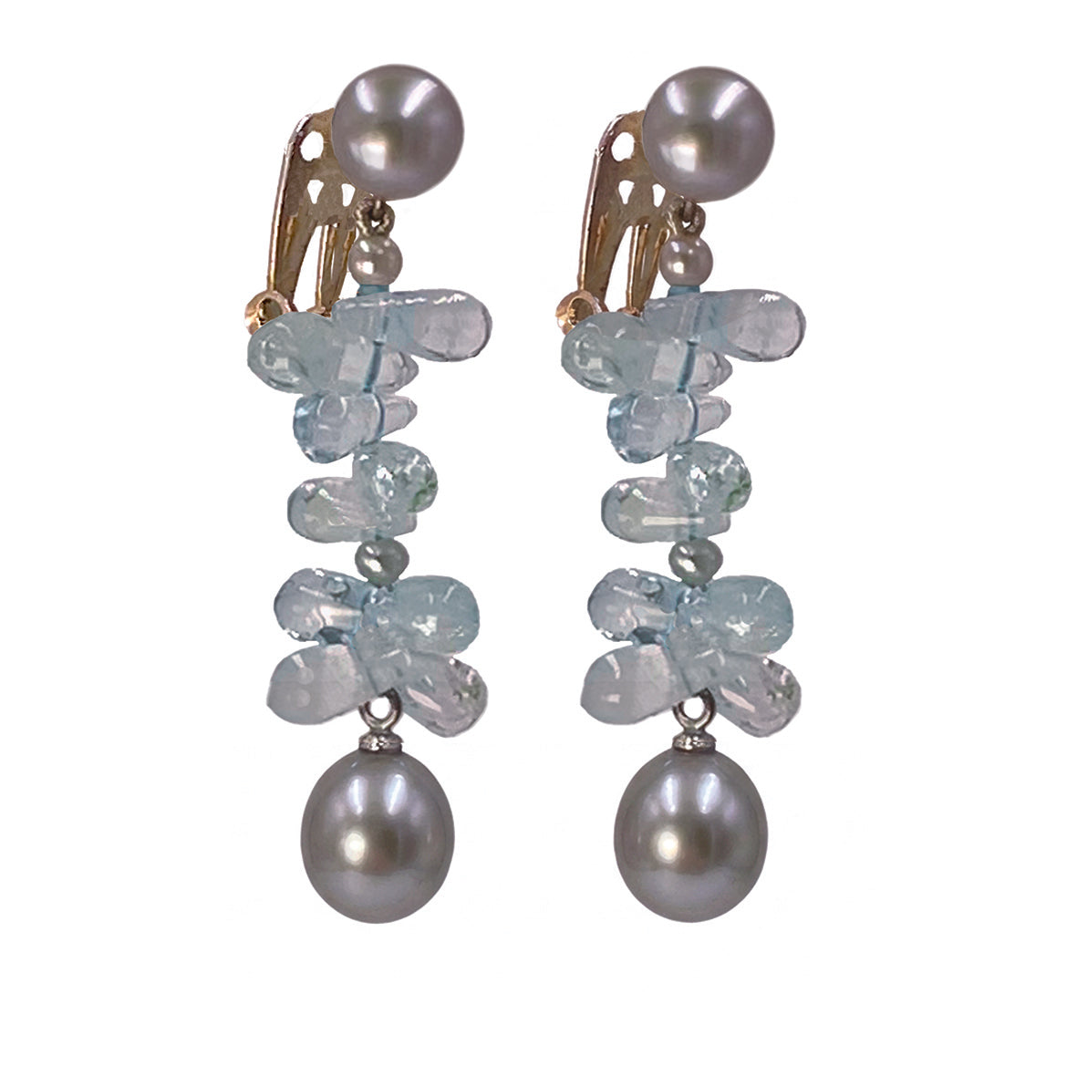Grey Freshwater Pearl & Aqua Marine Clip On 'Twinkling Light' Earrings