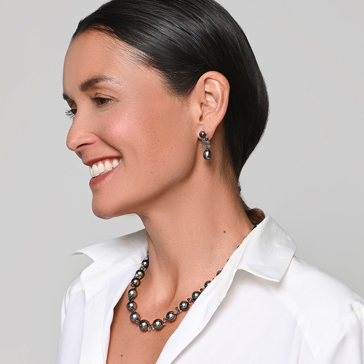 Black Freshwater Pearl & Labradorite Clip On 'Twinkling Light' Short Earrings