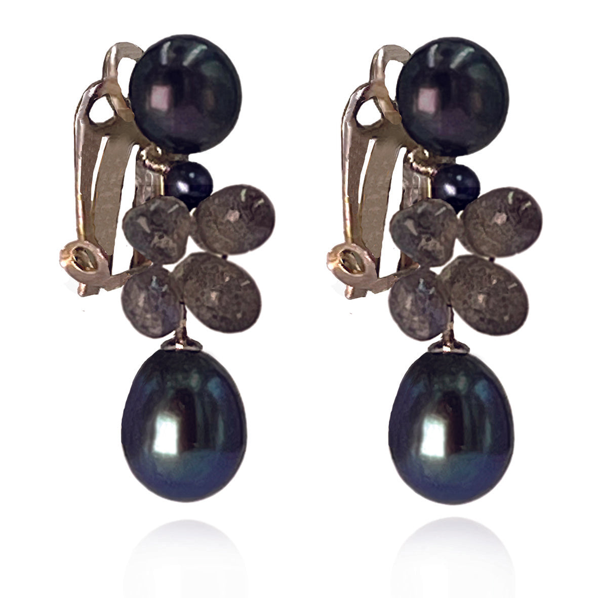 Black Freshwater Pearl & Labradorite Clip On 'Twinkling Light' Short Earrings