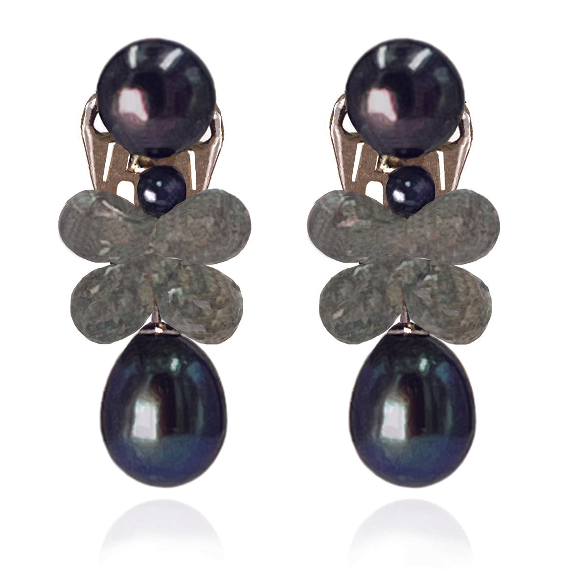 Black Freshwater Pearl & Labradorite Clip On 'Twinkling Light' Short Earrings