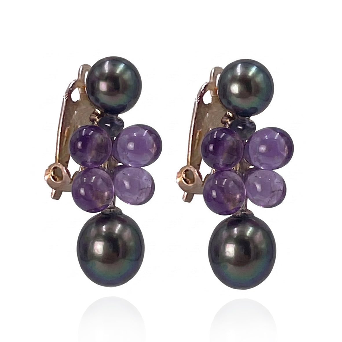 Black Freshwater Pearl & Amethyst Clip On 'Twinkling Light' Short Earrings