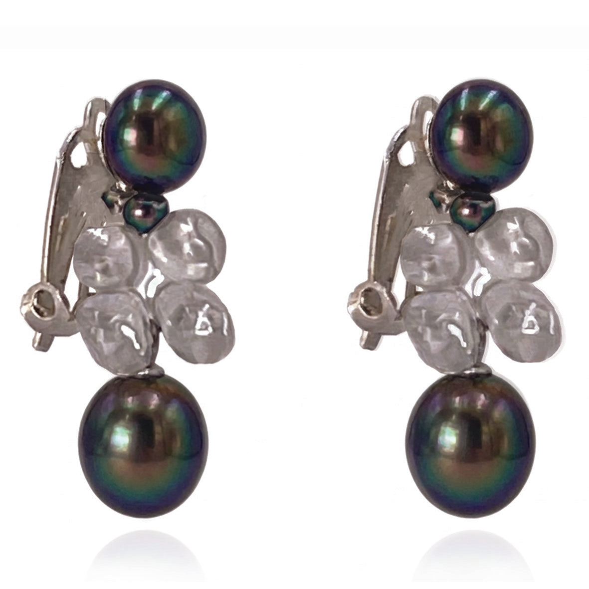 Black Freshwater Pearl & Rock Crystal Clip On 'Twinkling Light' Short Earrings