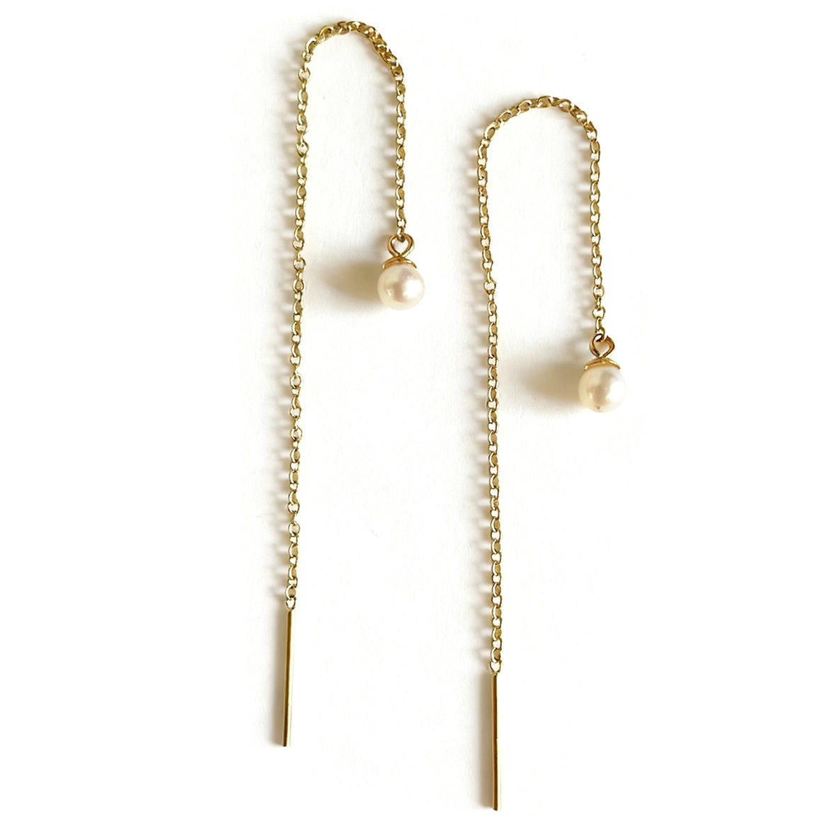White Freshwater Pearl Thread Through Gold Earrings