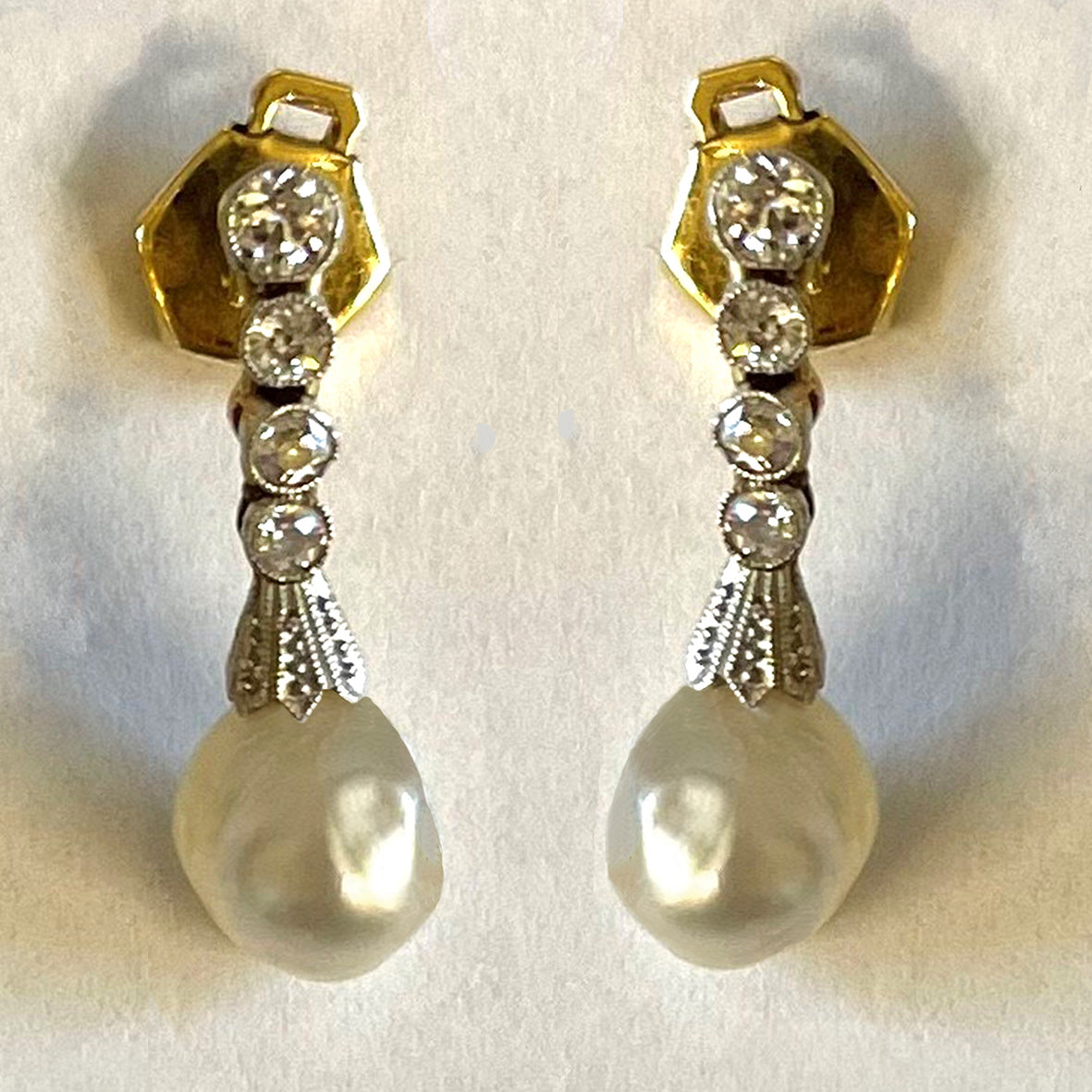 Rare White Natural Pearl & Diamond Chandelier Drop Earrings