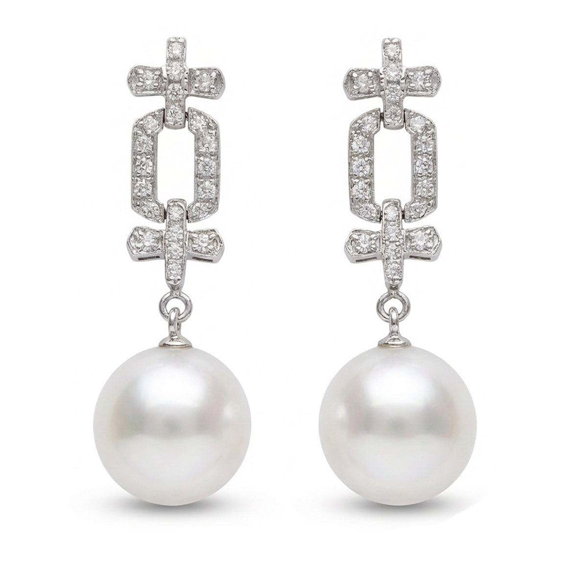 White South Sea Pearl & Articulated Diamond Art Deco Earrings