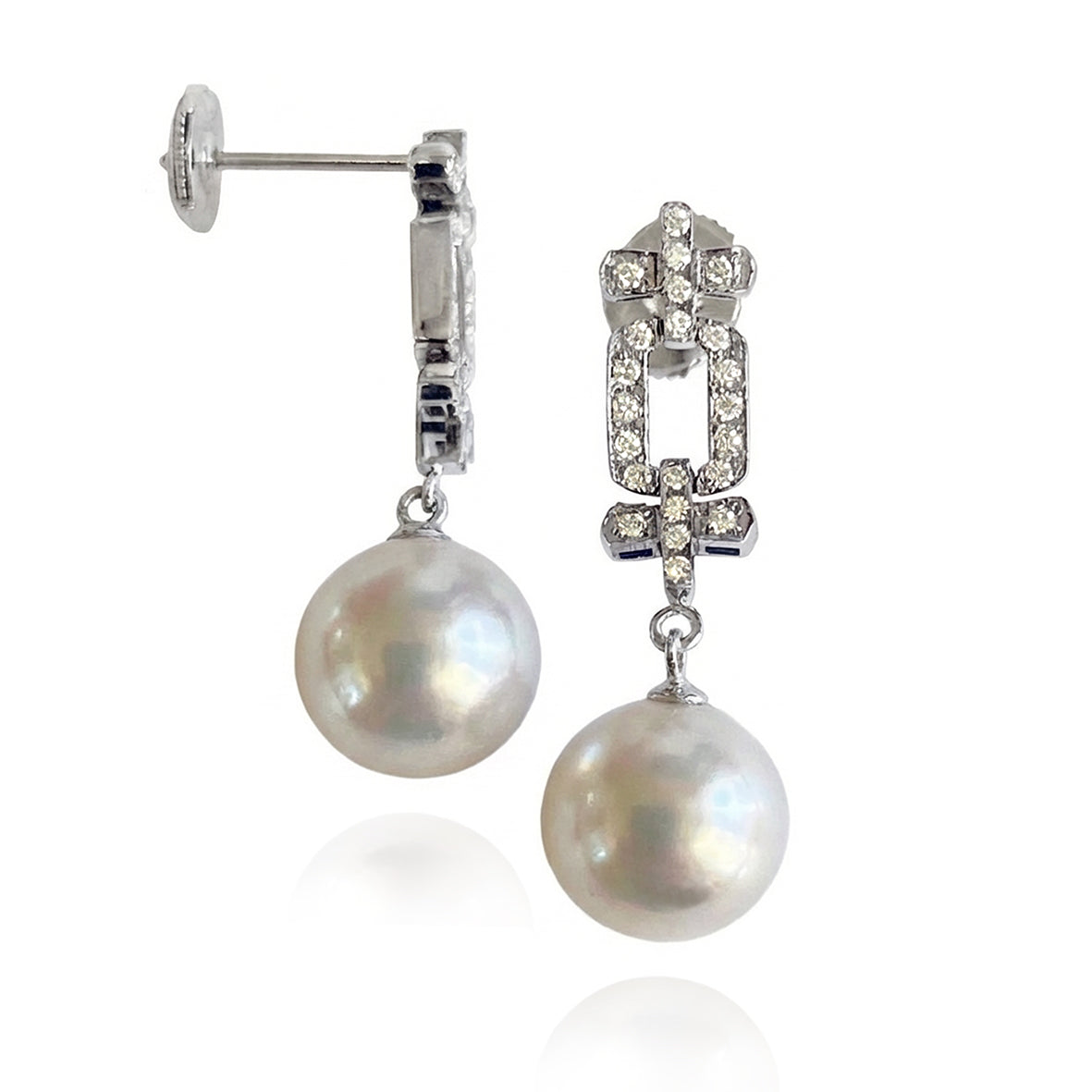 White South Sea Pearl & Articulated Diamond Art Deco Earrings