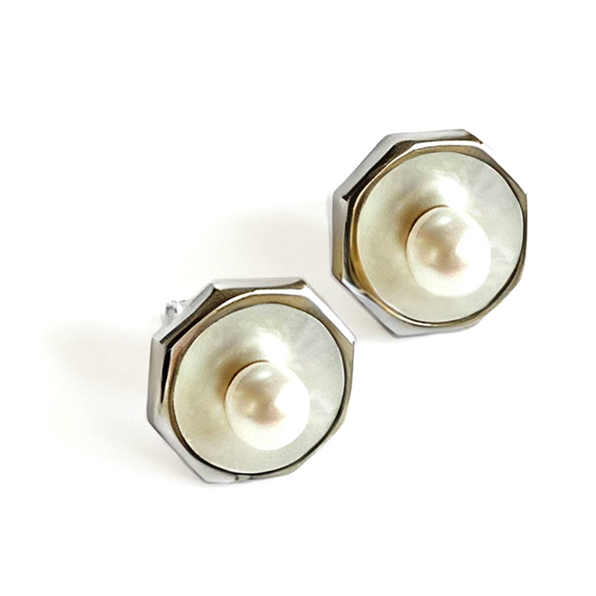 White Freshwater Pearl White Mother-of-Pearl & Silver Setting Stud Earrings