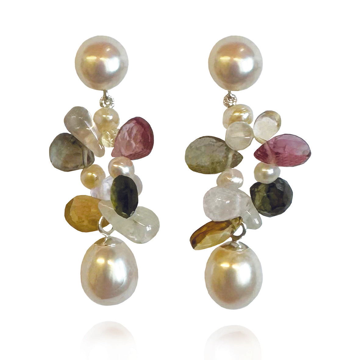 White Freshwater Pearl 'Tutti Frutti' Short Silver Earrings