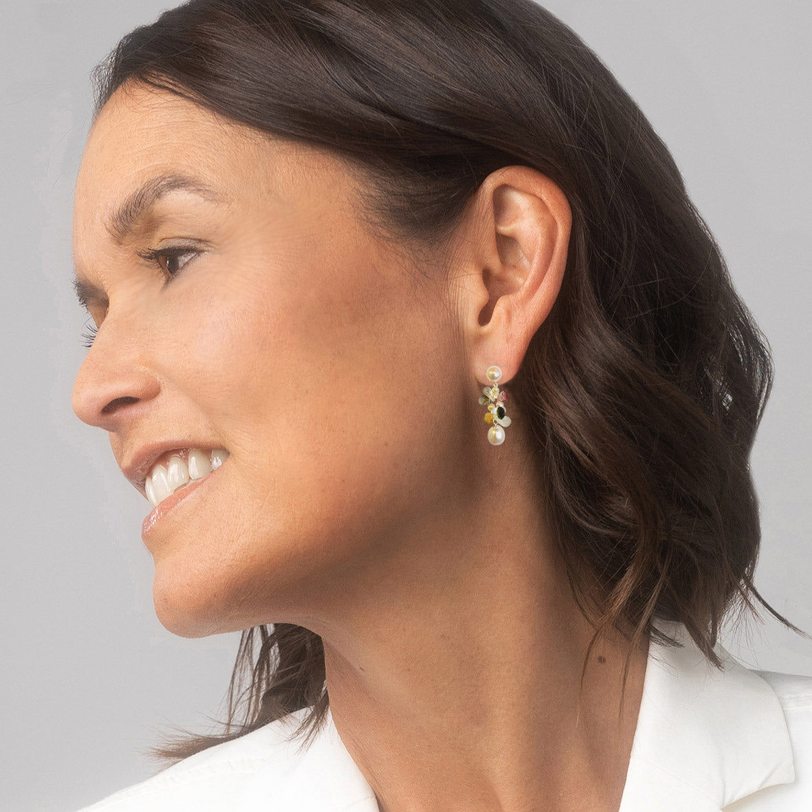 White Freshwater Pearl 'Tutti Frutti' Short Silver Earrings