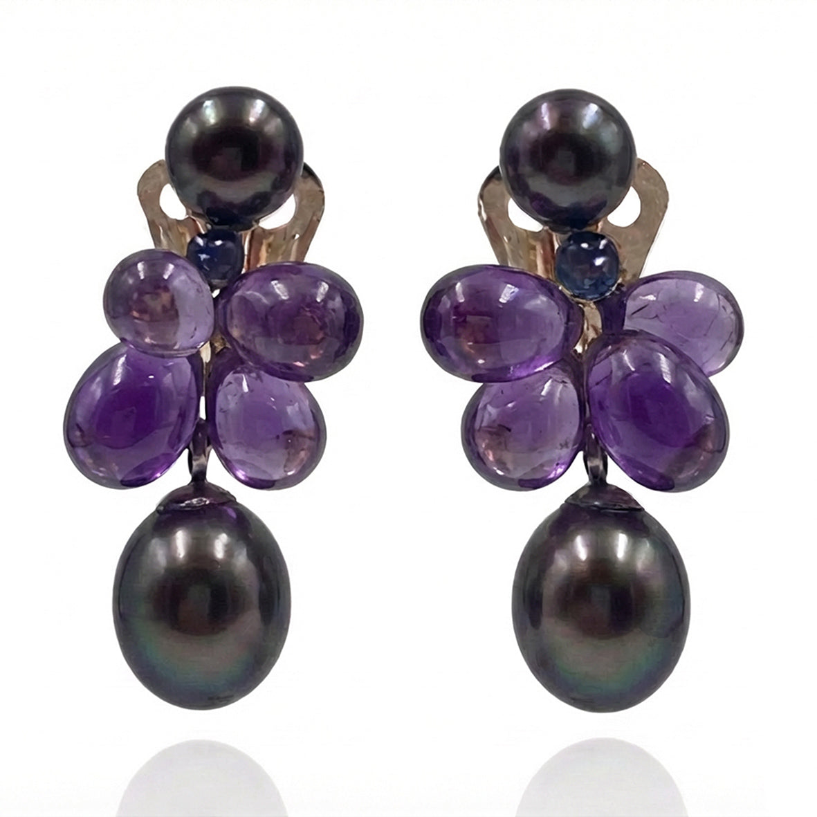 Black Freshwater Pearl & Amethyst Clip On 'Twinkling Light' Short Earrings