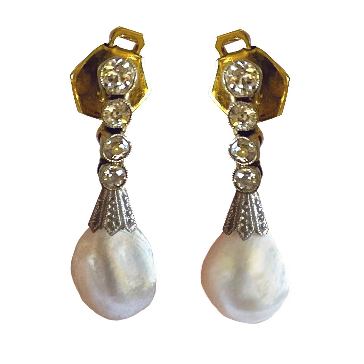 Rare White Natural Pearl & Diamond Chandelier Drop Earrings