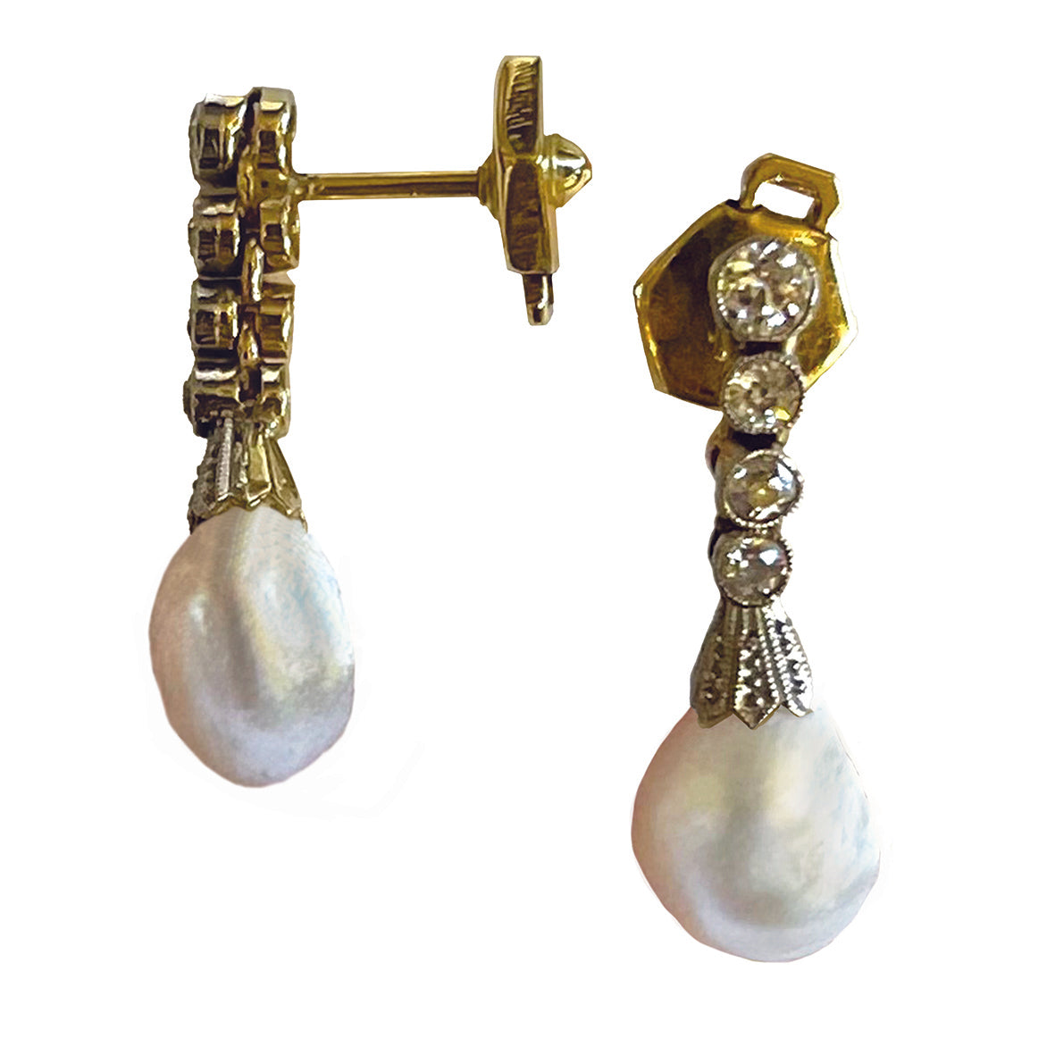 Rare White Natural Pearl & Diamond Chandelier Drop Earrings