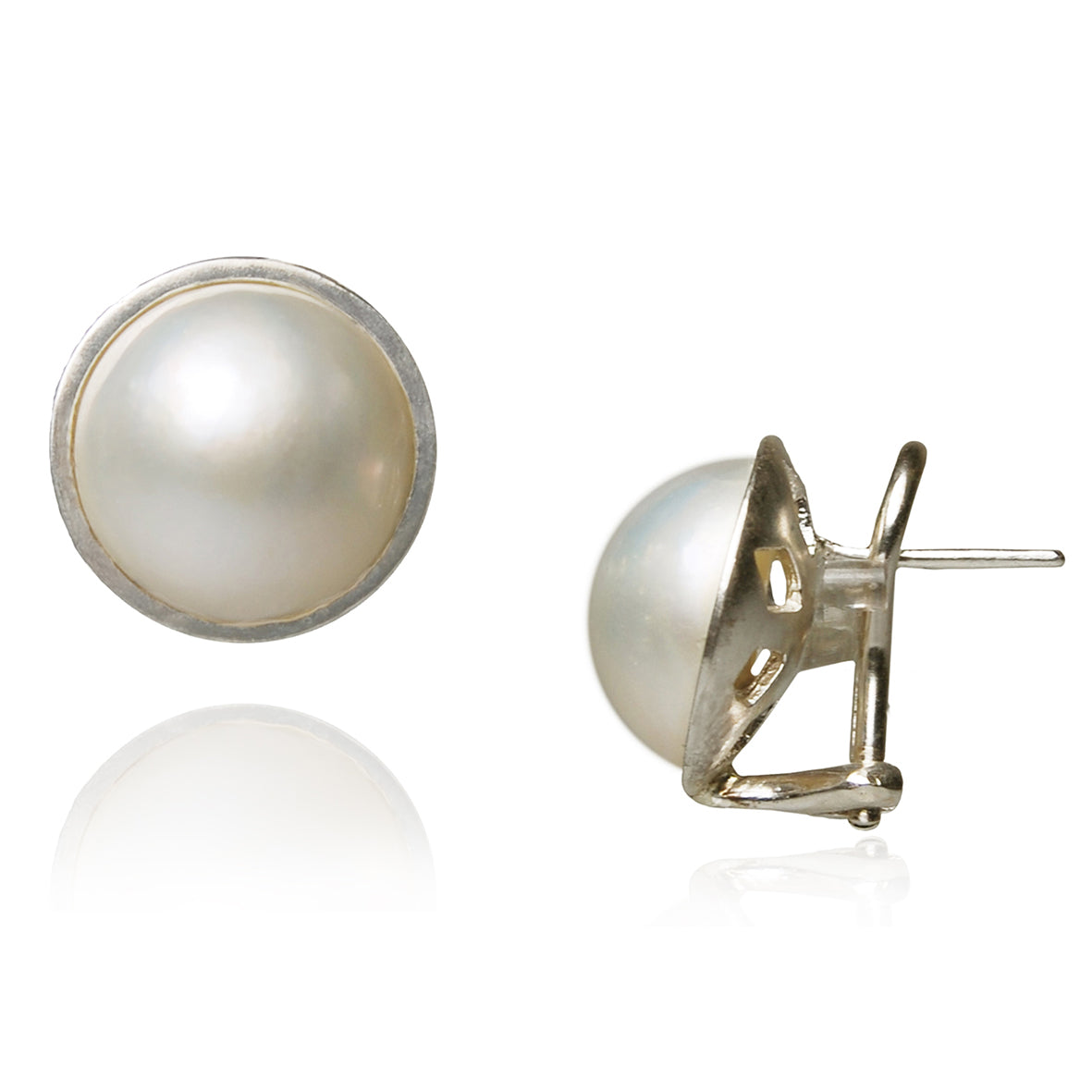 White Mabe Pearl & Silver Stud Earrings