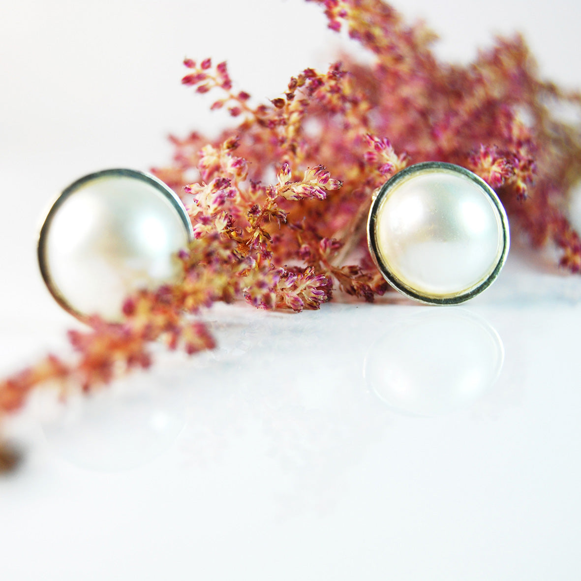 White Mabe Pearl & Silver Stud Earrings