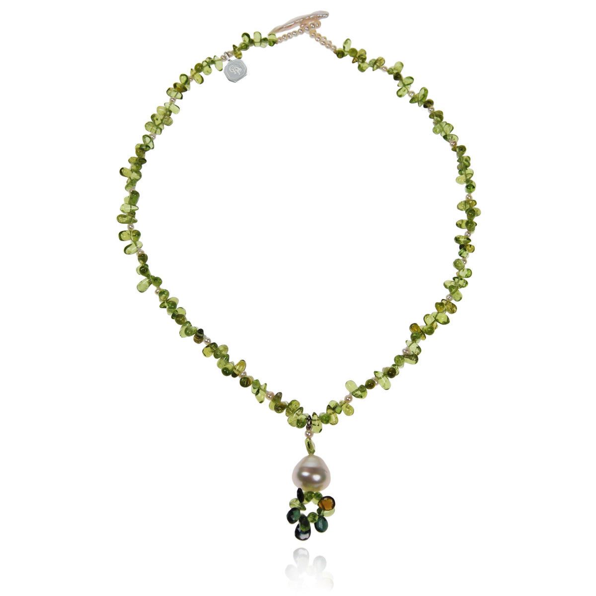 South Sea Pearl &amp; Green Peridot, Tourmaline &#39;Seagrass&#39; Tassel Drop Necklace