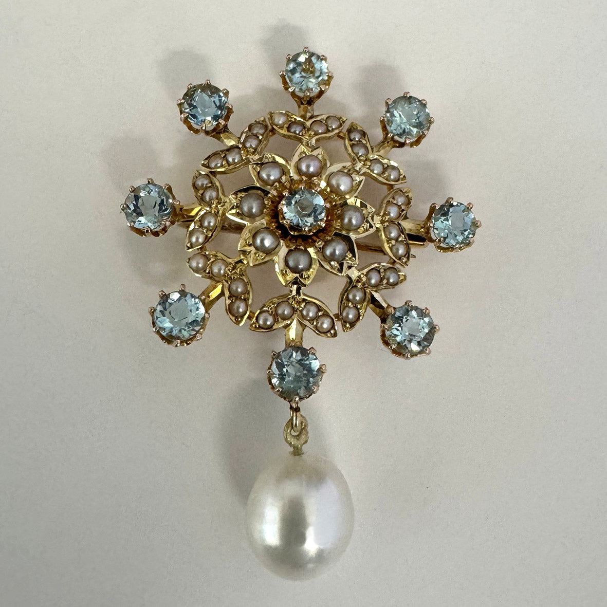 White South Sea & Rare Natural Seed Pearls on 15ct Yellow Gold & Aquamarine Star Necklace