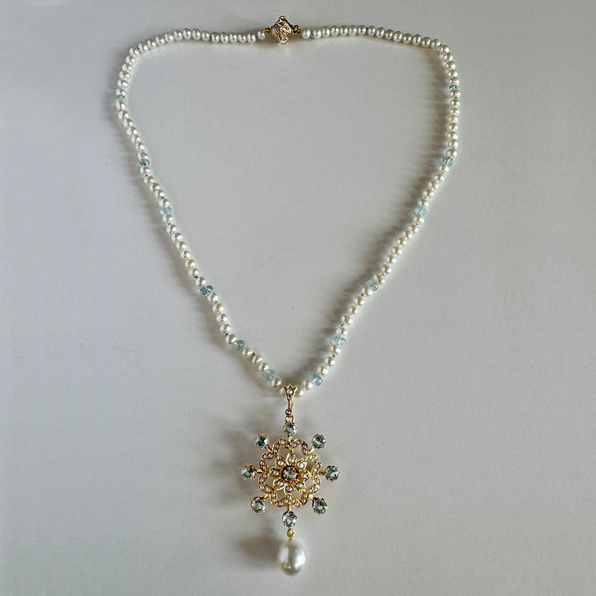 White South Sea & Rare Natural Seed Pearls on 15ct Yellow Gold & Aquamarine Star Necklace