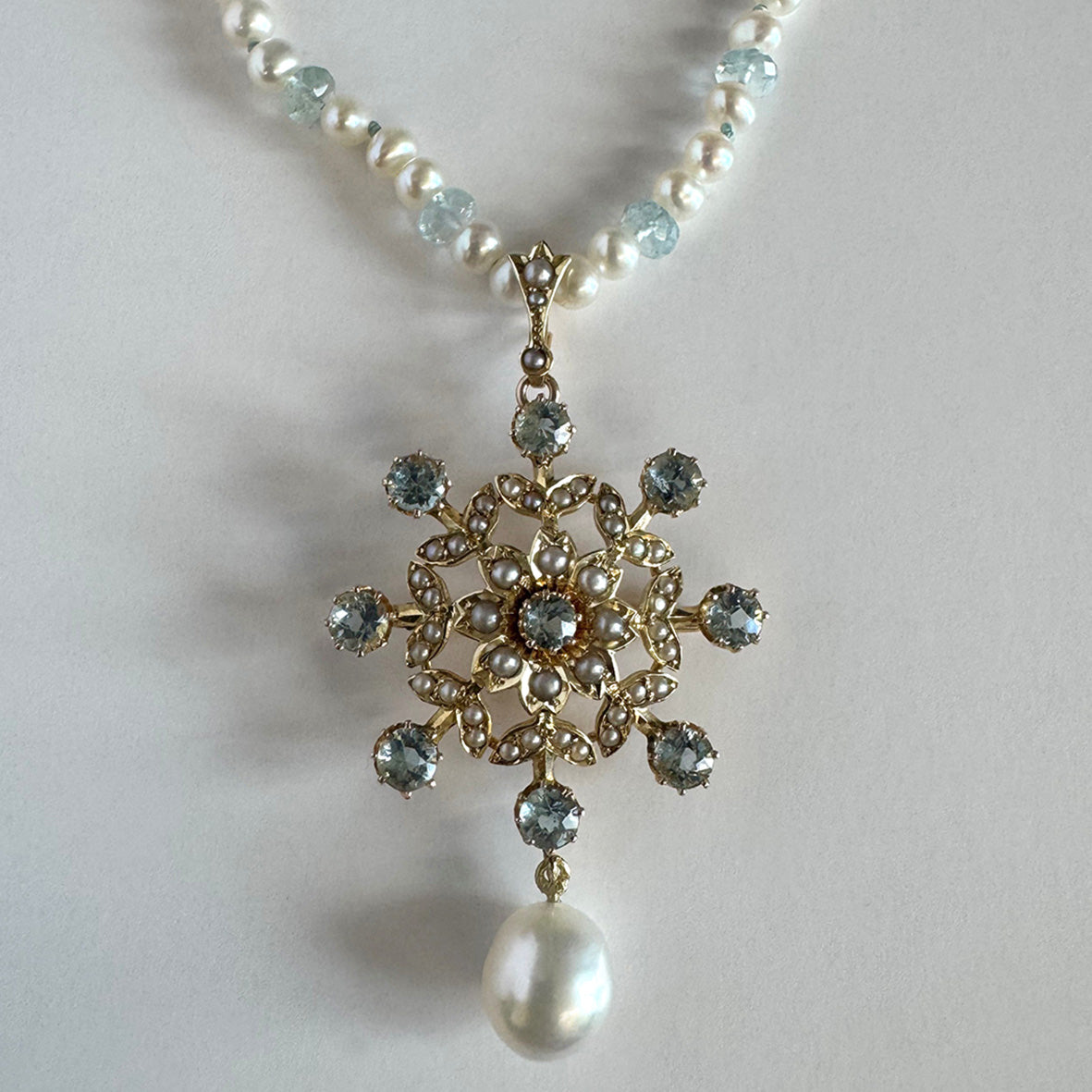 White South Sea & Rare Natural Seed Pearls on 15ct Yellow Gold & Aquamarine Star Necklace